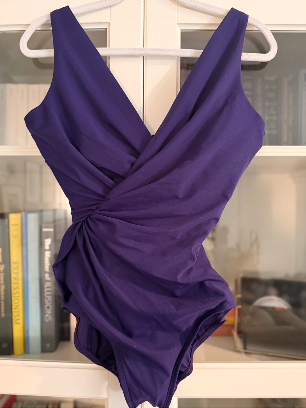 New Miraclesuit Purple Ruched Wrap Front One Piece Swimsuit Women's size 12